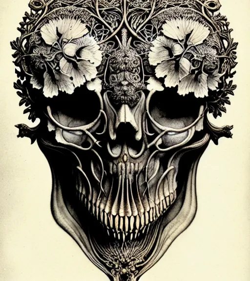 Image similar to art forms of nature by ernst haeckel, memento mori by arthur rackham, ornate antique porcelain beautiful skull mask, ultrasharp, photorealistic, hyperdetailed, octane render, polished, art nouveau, neo - gothic, gothic, intricate ornamental organic filigree, art nouveau botanicals, art forms of nature by ernst haeckel, horizontal symmetry, symbolist, visionary