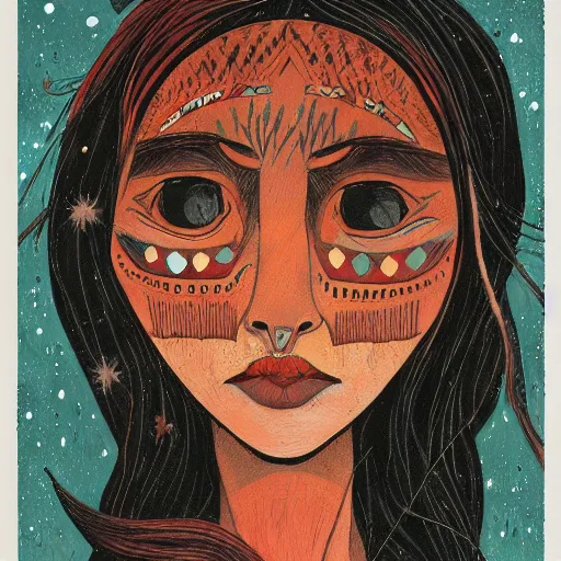 Image similar to navajo red by zeen chin, by sam bosma placid, bleak. a beautiful street art of a woman with long flowing hair, wild animals, & a dark, starry night sky.