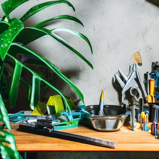 Image similar to A close-up shot of a metal table with laboratory tools and materials in an abandoned biopunk laboratory, plants everywhere, jungle themed, monstera, life,