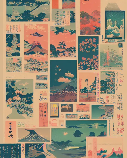 Image similar to highly creative award winning poster art collage to promote a TV series about discovering the wonders of the Japanese countryside, risograph