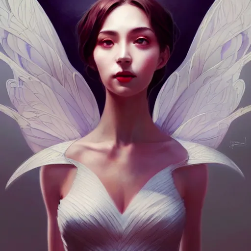 Image similar to 3 / 4 view of a portrait of woman with bird wings, confident pose, pixie, genshin impact,, intricate, elegant, sharp focus, illustration, highly detailed, concept art, matte, trending on artstation, anime, bright colors, art by wlop and artgerm and greg rutkowski, marvel comics h 6 4 0