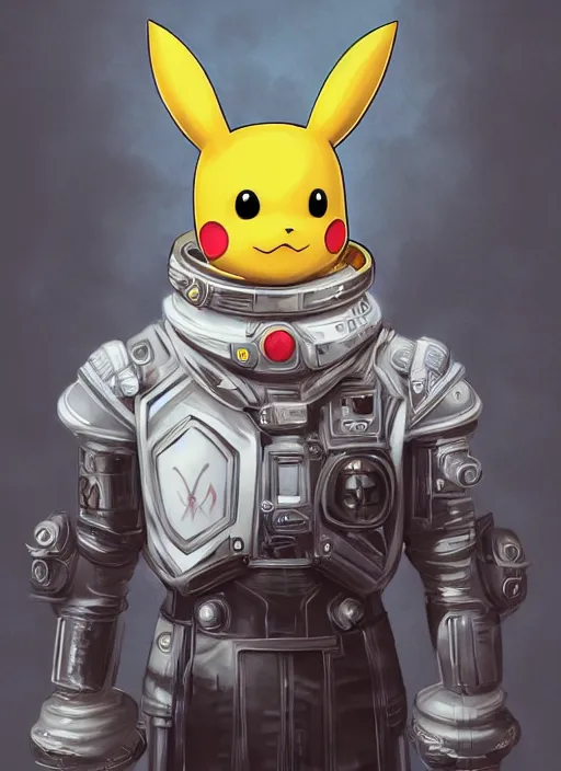 Image similar to high intricate pikachu with white sci - fi armor and black garment, on space harbor, full shot, maria panfilova, andrea savchenko, mike kime, ludovic plouffe, qi sheng luo, oliver cook, julian calle, eddie mendoza, trending on artstation