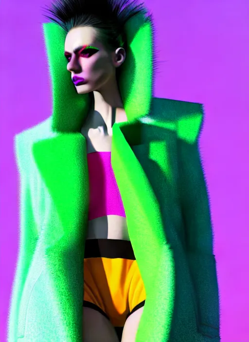 Image similar to stylish coat for a rave, bright colors, many details, prints, photo for a magazine, photo for a store, fashion photography, Vogue, 135 mm, cinematic, hyper realism, high detail, octane render, 8k, chrome accents, very coherent symmetrical artwork, perfect face model, full length photo, Upper and lower body, even skin tone