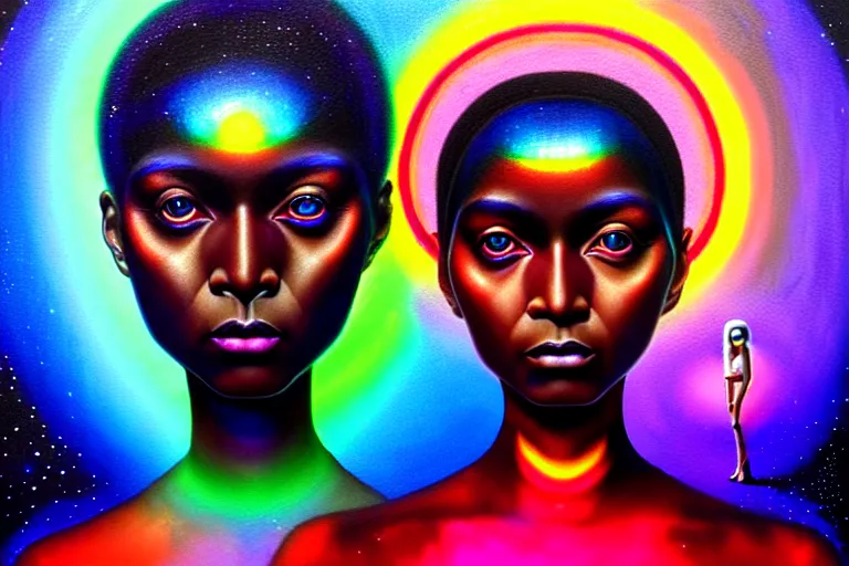 Image similar to patron saint of 🛸🌈👩🏾, futuristic iridescent clothing, wormhole, nebula, black hole, multiverse, neon god of city character portrait, in the style of margaret keane, moebius, tom bagshaw, and waterhouse, cinematic lighting, beautiful, elegant, oil painting,