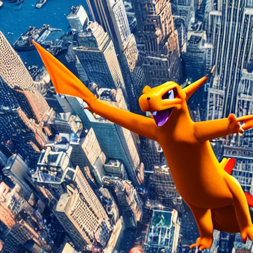 Image similar to charizard flying above new york, realistic extremely detailed photo style painting, granular detail, holographic krypton ion, octane render, 4 k, f 3 2, 5 5 mm photography, wide angle