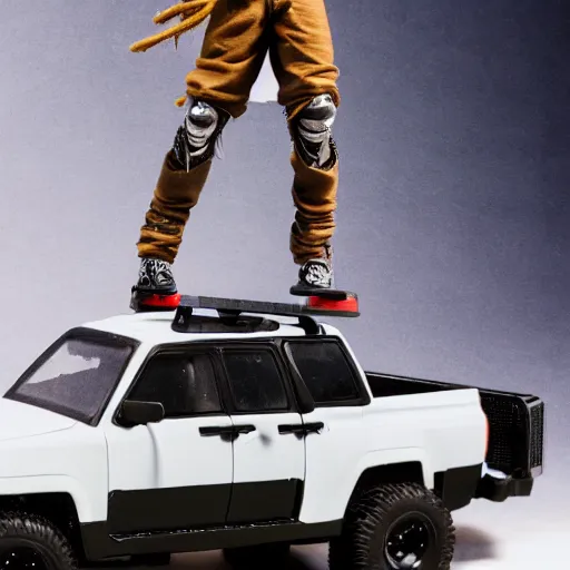 Image similar to travis scott action figure with dreads standing on top of a black rc pickup truck, close up studio photograph, white background