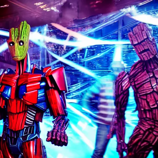 Image similar to groot and optimus prime dancing at techno party among people, wide shoot, after effect, ultra realistic 3 d