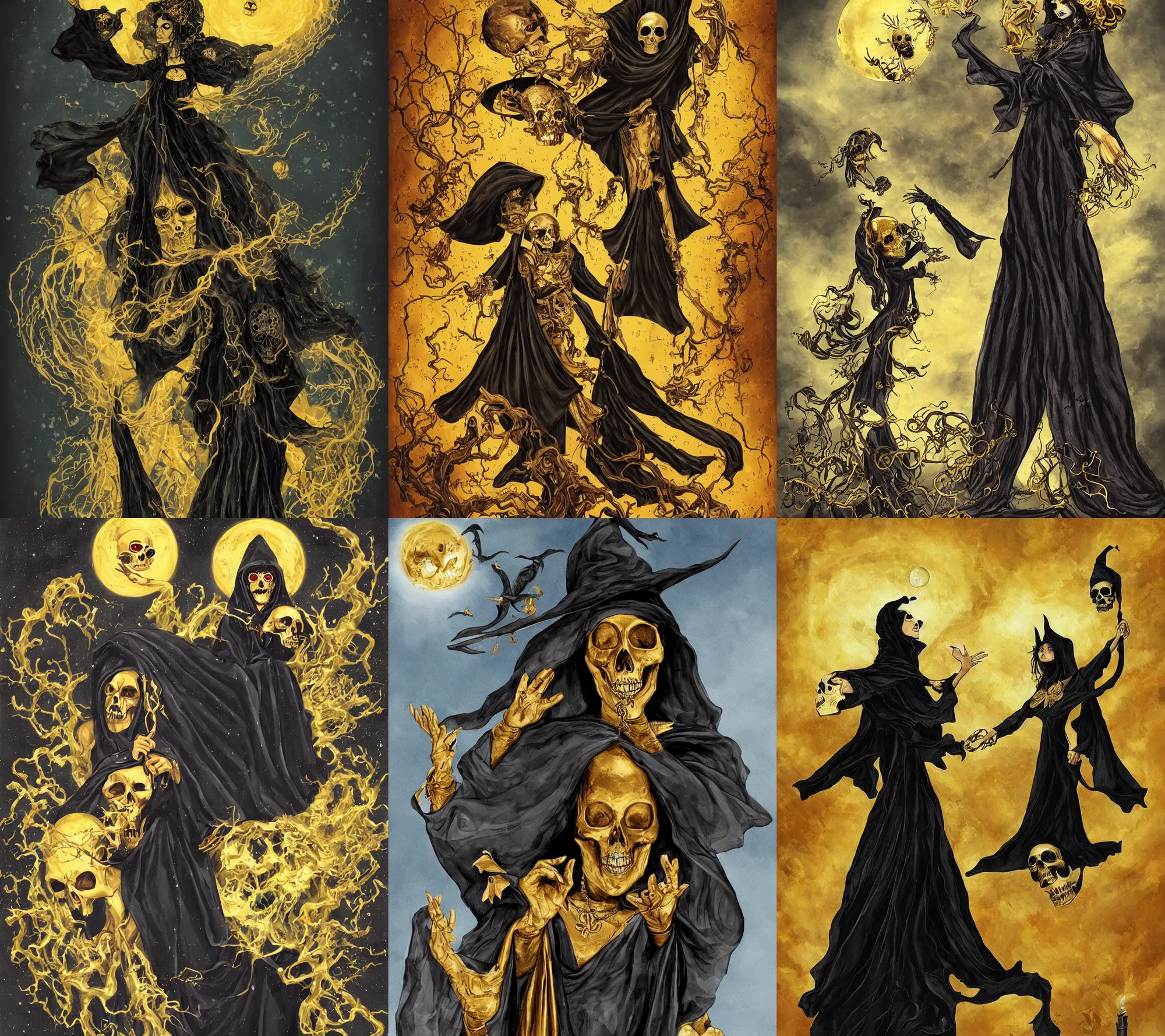 Prompt: a witch. floating in the sky with a golden skull in her hands. she wear a long dark robe. painted by barbara canepa and alessandro barbucci.
