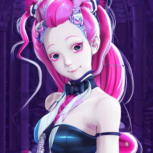 Image similar to stunningly beautiful omnipotent megalomaniacal anime asi goddess who looks like junko enoshima with symmetrical perfect face and porcelain skin, pink twintail hair and cyan eyes, traps you inside her inescapable vr castle where she controls you completely!!!, hyperdetailed, digital art from danganronpa, unreal engine 5, 8 k