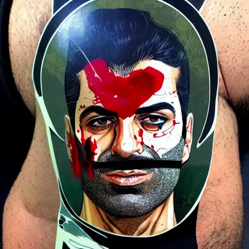 Image similar to a profile photo of a persian man with a diving oxygen mask with side profile blood in ocean intricate details by MARVEL comics and Sandra Chevrier-C