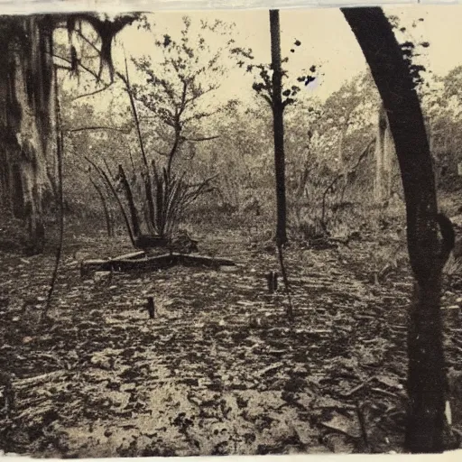Prompt: occult sacrifice site in the Louisana swamp, detailed, dark, scary, real Polaroid photo