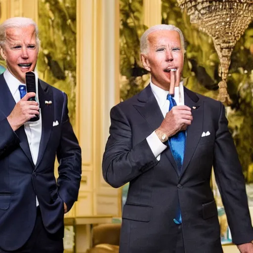 Image similar to stoned tom cruise and stoned joe biden smoking a bong together, award winning candid photography