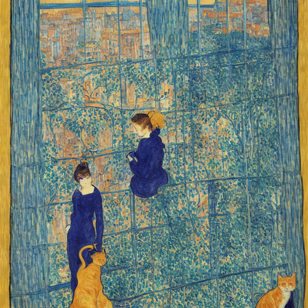 Image similar to woman and cat with city with tall trees and gothic cathedral seen from a window frame with curtains. dark indigo blue, turquoise, gold, earth brown. night with star. bonnard, henri de toulouse - lautrec, utamaro, matisse, monet