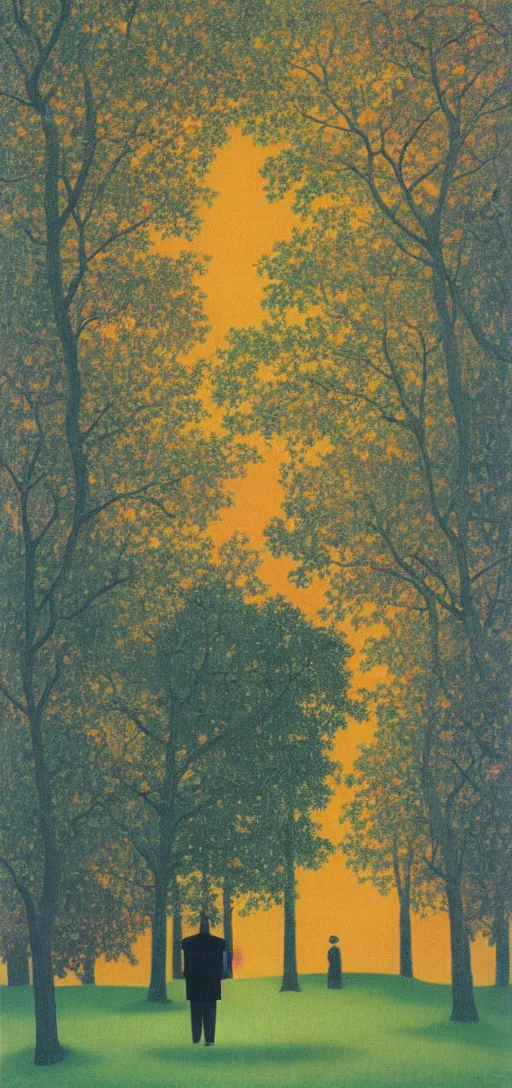 Prompt: Philosopher walking in the park on an Autumn day at sunset by Rene Magritte. Leaves falling. Shadows.