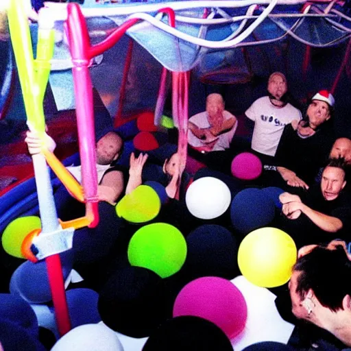 Prompt: photo of Limp Bizkit performing a concert in a McDonald's ball pit, 2002