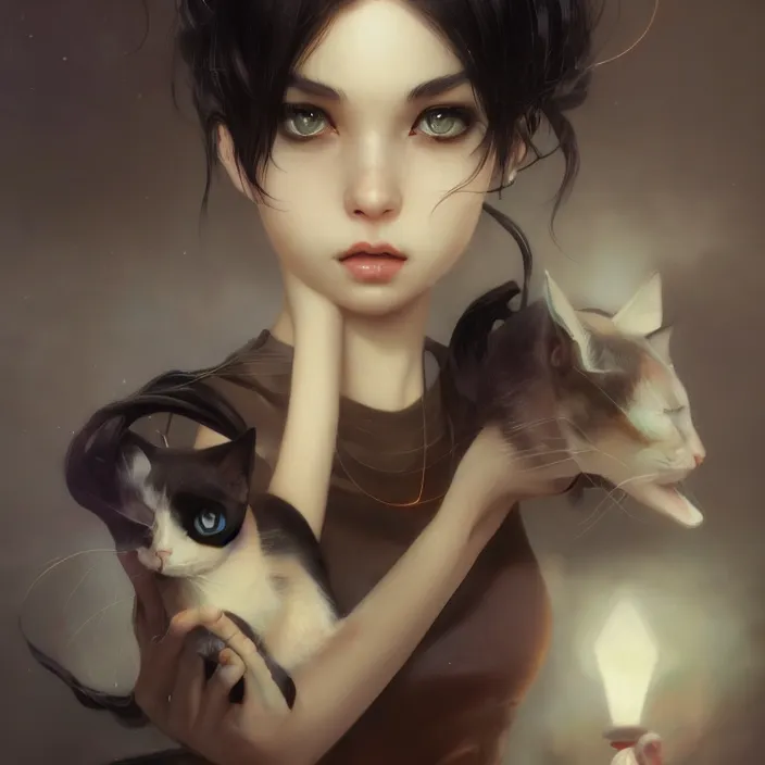 Image similar to beautiful cat - by tom bagshaw, by ilya kuvshinov, rtx rendering, octane render 1 2 8 k, maya, extreme high intricate details by wlop, digital anime art by ross tran, medium shot, close up shot, composition by sana takeda, dramatic lighting by greg rutkowski, 8 k, trending on artstation