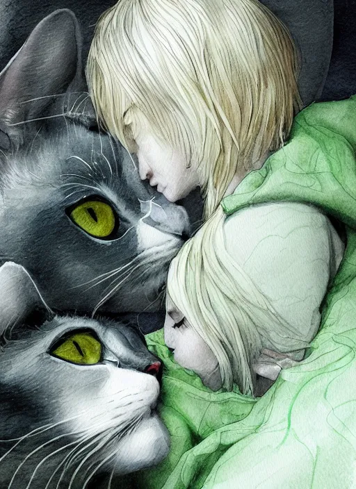 Image similar to blonde woman with green eyes kisses a grey white cat with green eyes, watercolor, dramatic lighting, cinematic, establishing shot, extremly high detail, foto realistic, cinematic lighting, pen and ink, intricate line drawings, by Yoshitaka Amano, Ruan Jia, Kentaro Miura, Artgerm, post processed, concept art, artstation, matte painting, style by eddie mendoza, raphael lacoste, alex ross