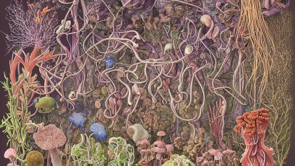 Prompt: highly detailed illustration human anatomy with all the known species of plants, flowers, corals, mushrooms and jellyfish by juan gatti, by moebius!, by oliver vernon