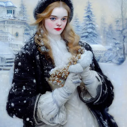 Image similar to Elle Fanning in the snow, by J. C. Leyendecker and Peter Paul Rubens, Extremely detailed. 8K. Award winning.