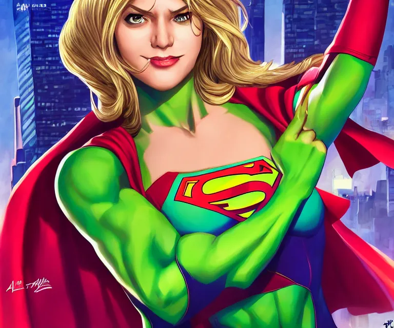 Prompt: supergirl as she - hulk by artgerm, intricate, face, symmetrical eyes, times square cityscape, elegant, beautiful, highly detailed, dramatic lighting, sharp focus, trending on artstation, artstationhd, artstationhq, unreal engine, 4 k, 8 k