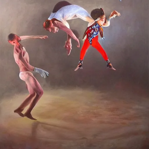 Prompt: a beautiful hyperrealistic painting of a circus act,