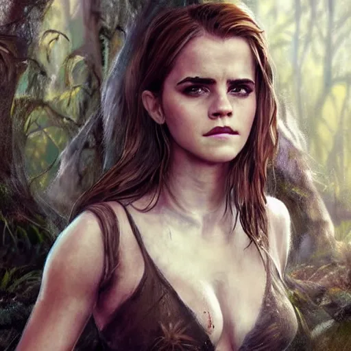 Prompt: emma watson as a swamp princess, hot, hyper realistic, smooth skin, extra detailed, barely any clothes, trending on art station, full body image by steve henderson