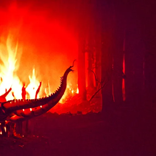 Image similar to cinestill of a huge scary xenomorph backlit by a big bonfire at night