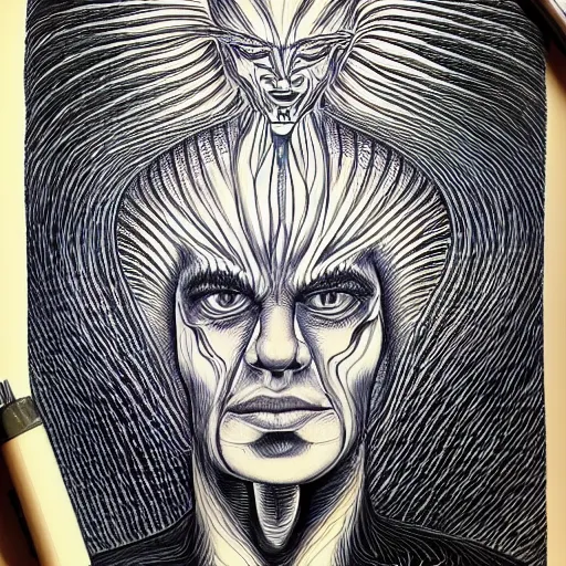 Image similar to an alex grey drawing, micron pen, black ink, a portal to another dimension, portrait