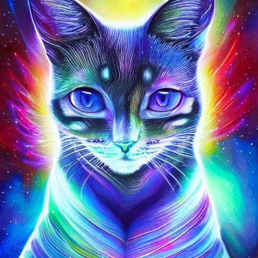 Image similar to a galaxy colored psychedelic chakra awakening kundalini ethereal portrait of a cat with her eyes closending to a higher plane of existence, eternal blessing, multiverse, by android jones, by ben ridgeway, visionary art, by artgerm, featured on artstation, cgsociety, by greg rutkowski