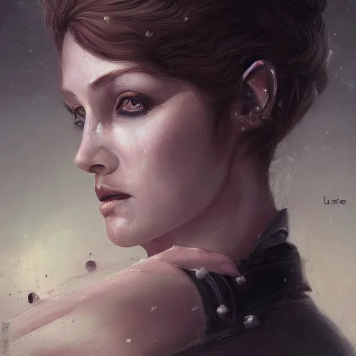 Image similar to a detailed matte head - on portrait painting of an middle - aged half - tiefling noblewoman with golden eyes and short well kept hair, by charlie bowater, lise deharme, wlop, tending on arstation, dungeons and dragon, dnd, pathfinder, fanart, oil on canvas