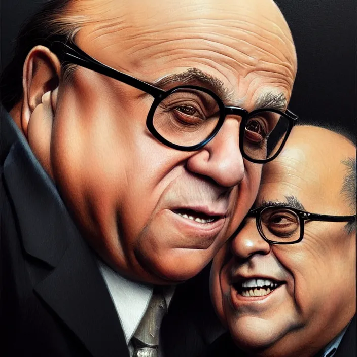 Image similar to danny devito and a blond man, elegant, real life skin, intricate artwork, high detailed, artstation, concept art, smooth, sharp focus, art by artgerm and greg rutkowski