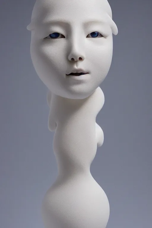 Image similar to full head and shoulders, beautiful female porcelain sculpture by daniel arsham and audrey kawasaki, smooth, all white features on a white background, delicate facial features, white eyes, white lashes, detailed white 3 d giant poppies on the head