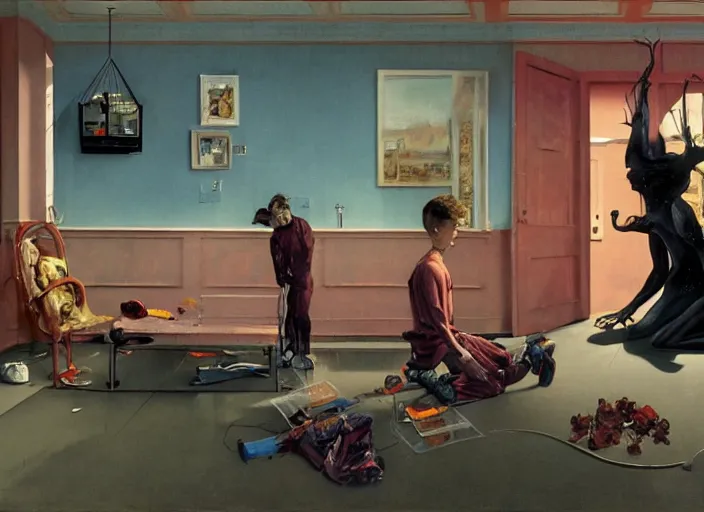 Prompt: a still from the tv series malcolm in the middle by francis bacon, surreal scene, norman rockwell and james jean, greg hildebrandt, and mark brooks, triadic color scheme, by greg rutkowski, in the style of francis bacon and syd mead and edward hopper and norman rockwell and beksinski, dark surrealism, open ceiling