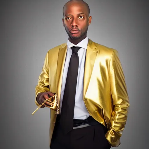 Image similar to portrait of the god Anubis wearing an office suit with a gold necklace, looking at the camera, black background, studio light