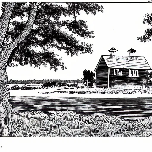 Prompt: black and white comic of a farmhouse beside a lagoon