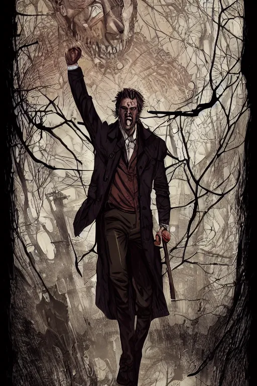 Image similar to john constantine in sleepy hollow, full body, big two toned eyes, teeth gritted, horror, intricate details, cinematic, epic, realistic, anatomy, tomer hanuka, uplight, artstation, photorealistic, scary