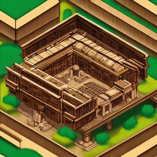 Prompt: cyberpunk wooden monastery, isometric sprite