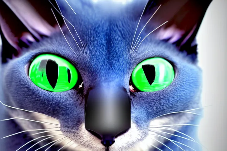 Image similar to a blue - and - black male blue / green heterochromatic catbat fursona with blue / green heterochromatic eyes ( one eye green ) and huge bat ears, photo of the catbat streaming on his computer