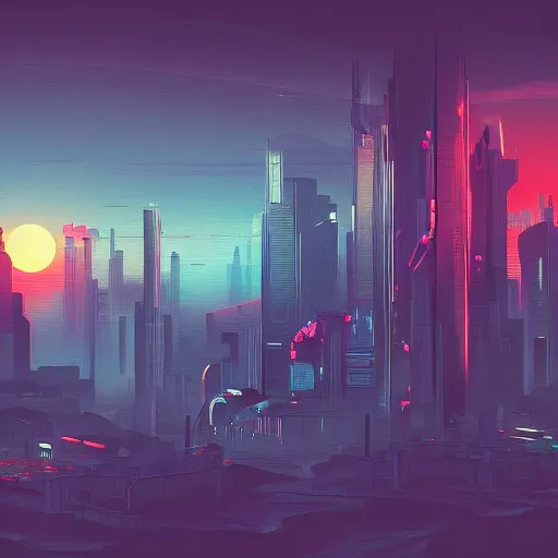 Prompt: cyberpunk world based on an island with sunset behind it