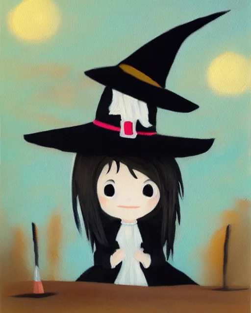 Prompt: witch little girl, minimalist oil painting, anime