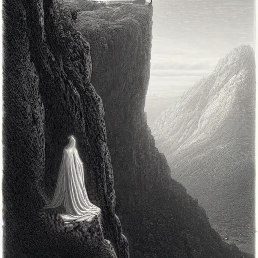 Prompt: A lonely woman looks down from a gigantic cliff, mountains, gorgeous view, lush valley, distant forest, spirals, distant city, distant glow, night, sunset, dramatic light, Chiaroscuro, long shadows, dark, masterpiece, high detail, detailed, illustration by Paul Gustave Doré