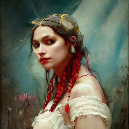 Image similar to Solomon Joseph Solomon and Richard Schmid and Jeremy Lipking victorian genre painting portrait painting of a young beautiful woman traditional exotic german french actress model pirate wench in fantasy costume, red background