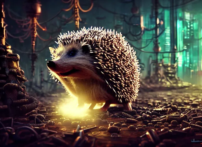 Image similar to intricate hedgehog with nails instead of needles, on the background of a weird magical mechanical forest. Very detailed 8k. Fantasy cyberpunk horror. Sharp. Cinematic post-processing. Unreal engine. Nanite. Ray tracing. Parallax. Tessellation