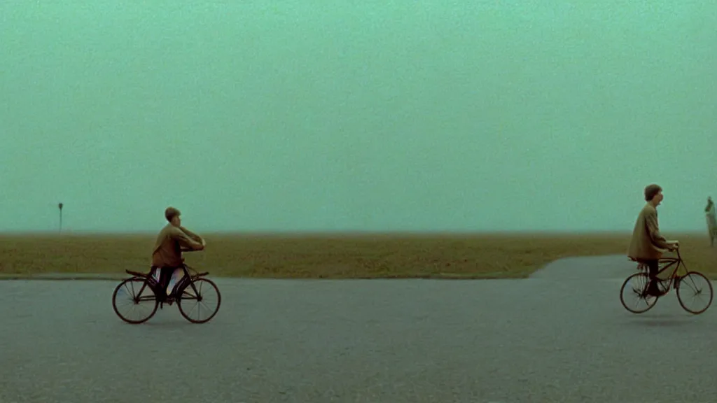 Image similar to a man riding a bicycle, film still from the movie directed by wes anderson with art direction by zdzisław beksinski, wide lens