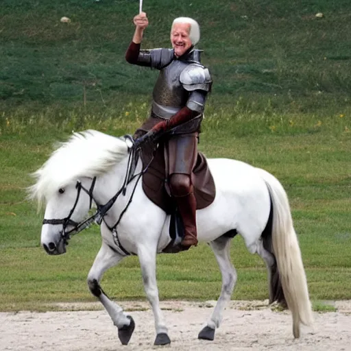 Prompt: Joe Biden riding a horse with a sword and armour, photo