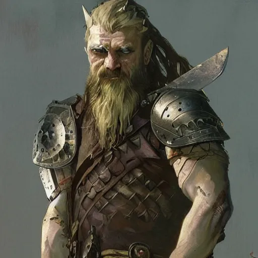 Image similar to rough-skinned, short-bearded undead Viking warrior with ice-pale skin wearing brutalist plate armor with art deco knotwork, by Greg Rutkowski, Brom, and Alphonse Mucha