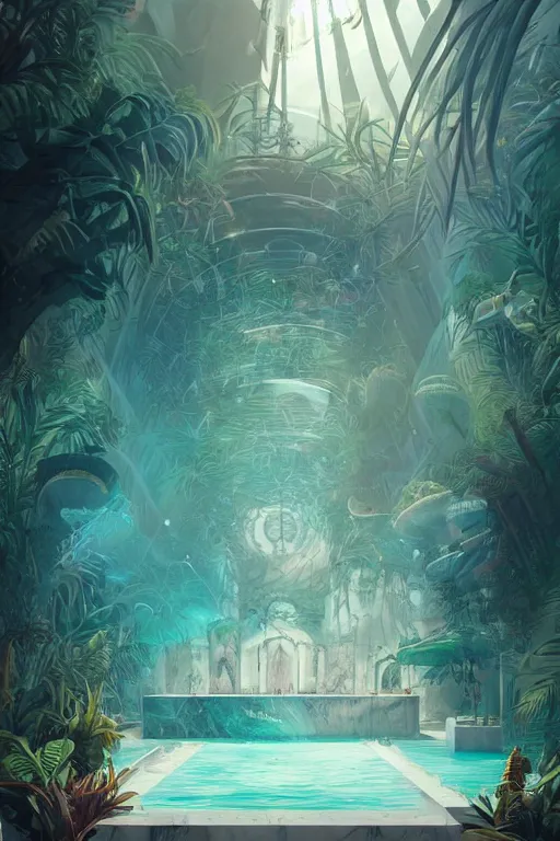 Image similar to detailed interior of a vaporwave pool, white marble walls, palm vegetation, light shafts, stunning atmosphere, in style of peter mohrbacher, cinematic lighting, high detail, cinematic feel