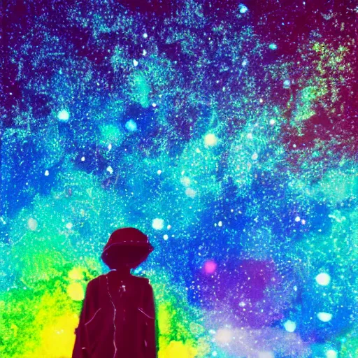 Image similar to celty sturluson in front of colorful galaxy