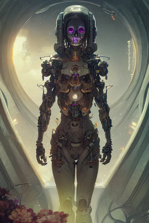 Prompt: ultra detailed female android, scifi, fantasy, octane render, ( dia de los muertos ), asymmetrical, intricate concept art, intricate detailed environment, global illumination, art by godmachine and michael welan and rossdraws and greg rutkowski and alphonse mucha and loish and wlop