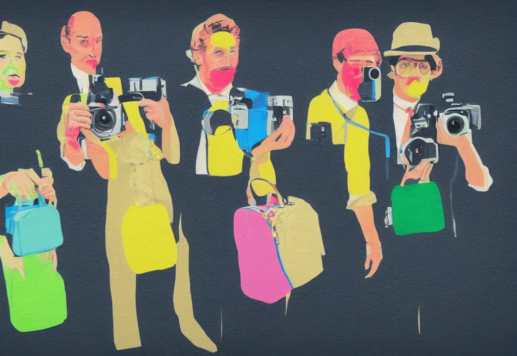 Image similar to full body portrait of a trio of european tourists with nikon cameras, character designs painting, in the style of wes anderson, rene magritte, lola dupre, david hockney, isolated on white background, dark monochrome neon spraypaint accents volumetric octane render